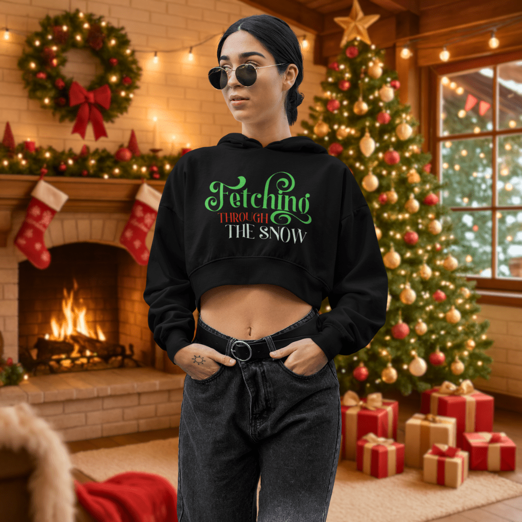 Cropped Hoodie — "Fetching the Snow" Festive Dog Lover Cropped Hoodie - Shaggy Chic