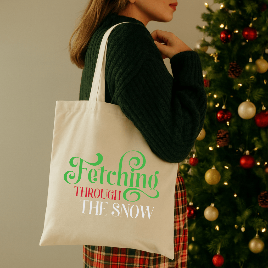 Fetching Through the Snow Cotton Tote Bag — Holiday Dog Lover Gift - Shaggy Chic