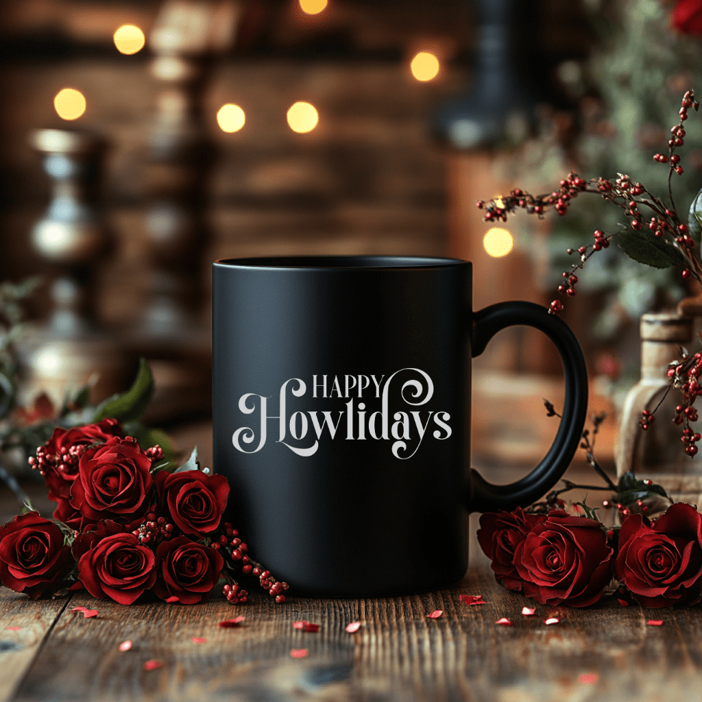 Happy Howlidays Mug — Black Holiday Coffee Cup for Dog Lovers (11oz & 15oz) - Shaggy Chic