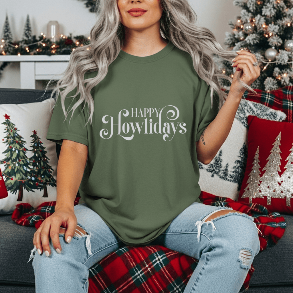 Happy Howlidays Script Tee — Minimal White Holiday T-Shirt - Shaggy Chic