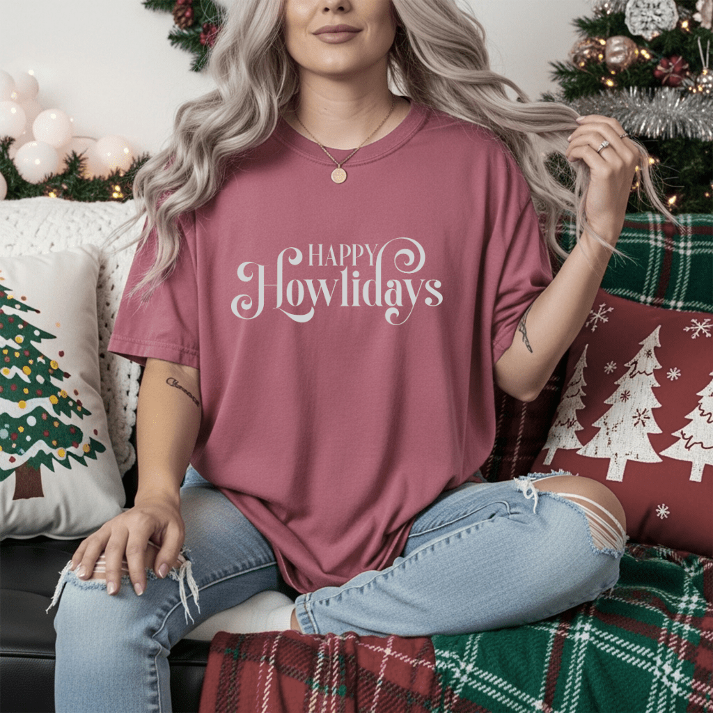 Happy Howlidays Script Tee — Minimal White Holiday T-Shirt - Shaggy Chic