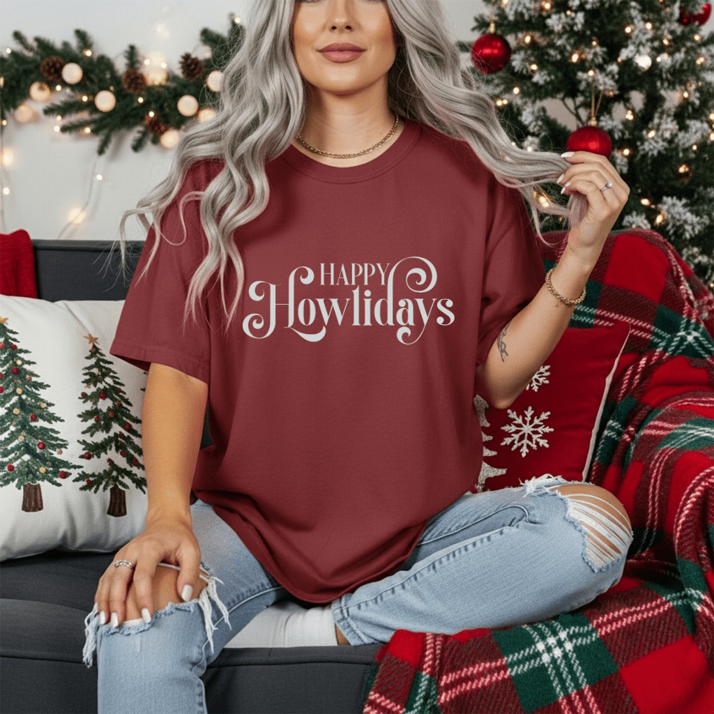 Happy Howlidays Script Tee — Minimal White Holiday T-Shirt - Shaggy Chic