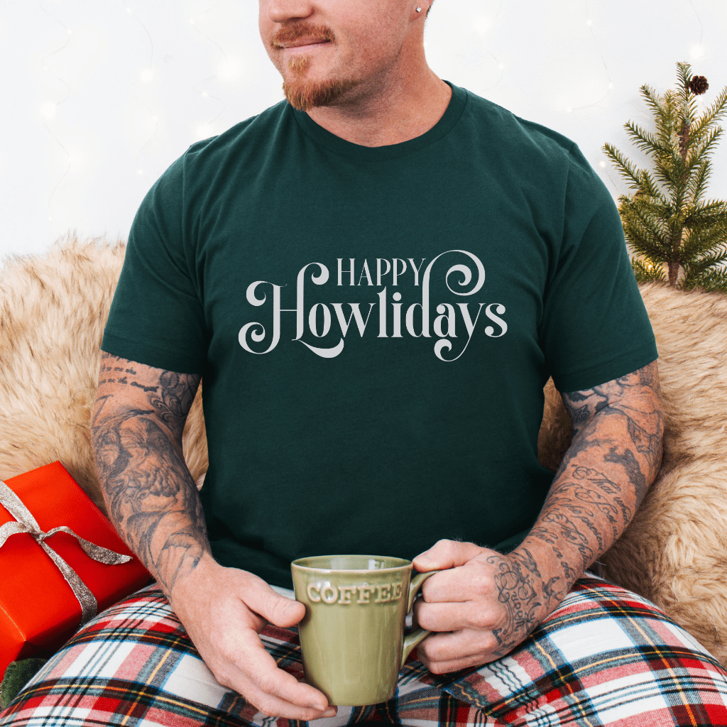 Happy Howlidays Script Tee — Minimal White Holiday T-Shirt - Shaggy Chic