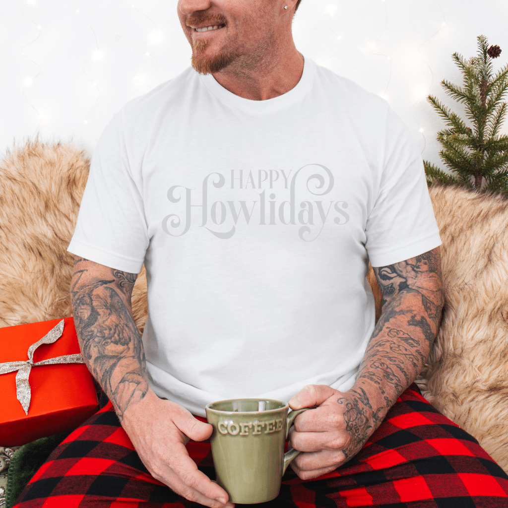 Happy Howlidays Script Tee — Minimal White Holiday T-Shirt - Shaggy Chic