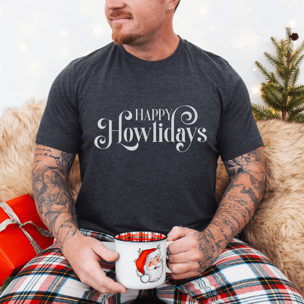 Happy Howlidays Script Tee — Minimal White Holiday T-Shirt - Shaggy Chic