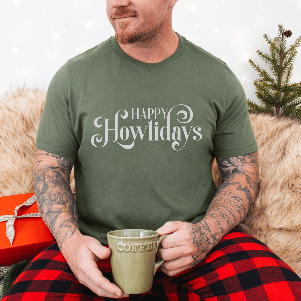 Happy Howlidays Script Tee — Minimal White Holiday T-Shirt - Shaggy Chic