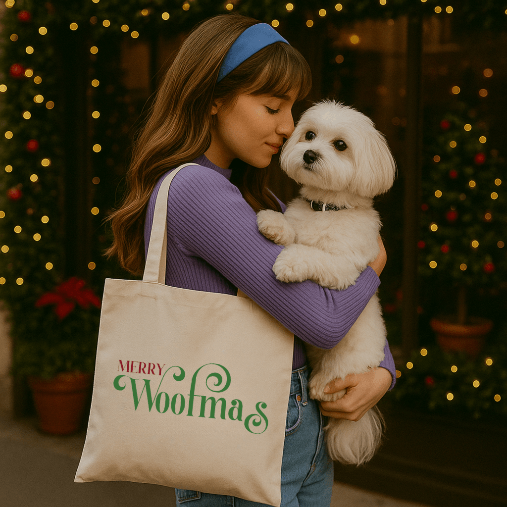 Merry Woofmas Tote Bag — Holiday Knitting Gift Canvas Tote - Shaggy Chic