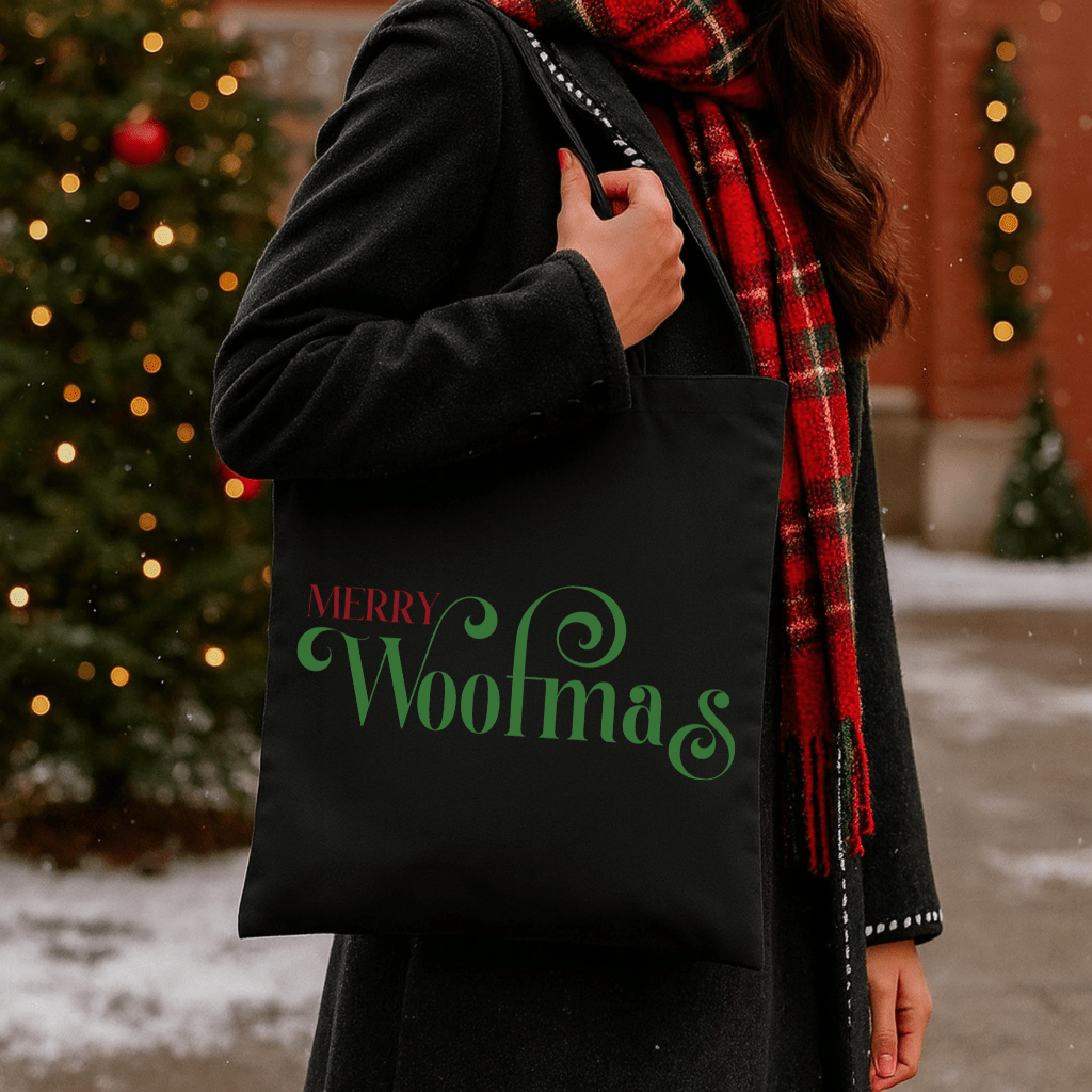 Merry Woofmas Tote Bag — Holiday Knitting Gift Canvas Tote - Shaggy Chic