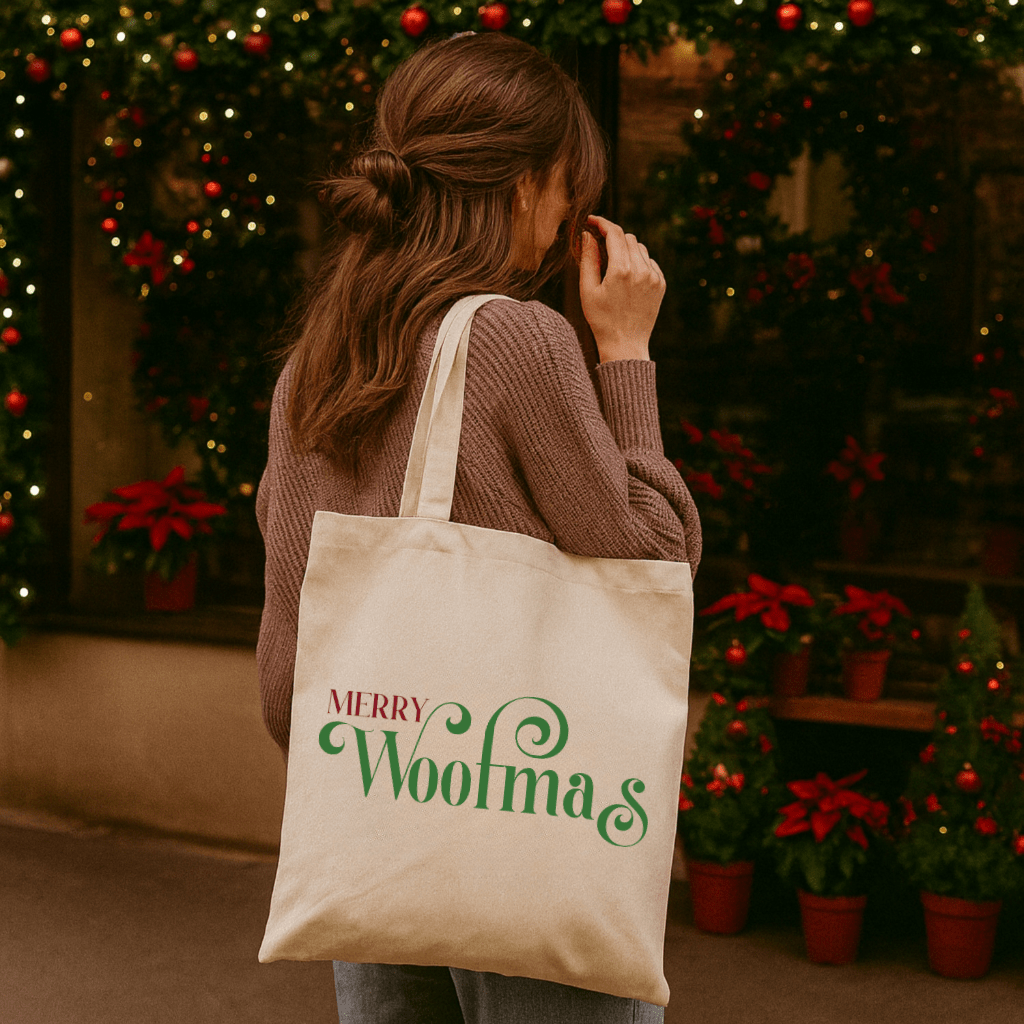 Merry Woofmas Tote Bag — Holiday Knitting Gift Canvas Tote - Shaggy Chic