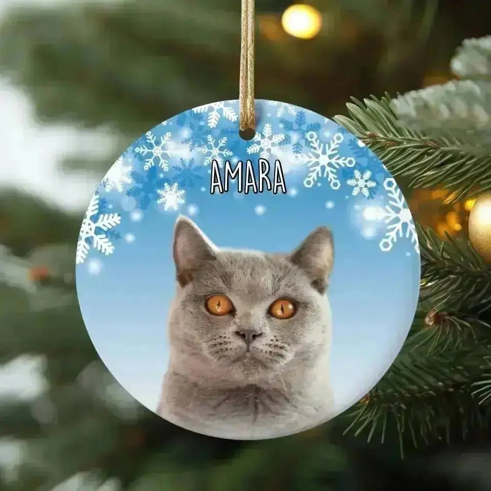 Personalized Cat Photo Christmas Theme Ceramic Ornament - Shaggy Chic