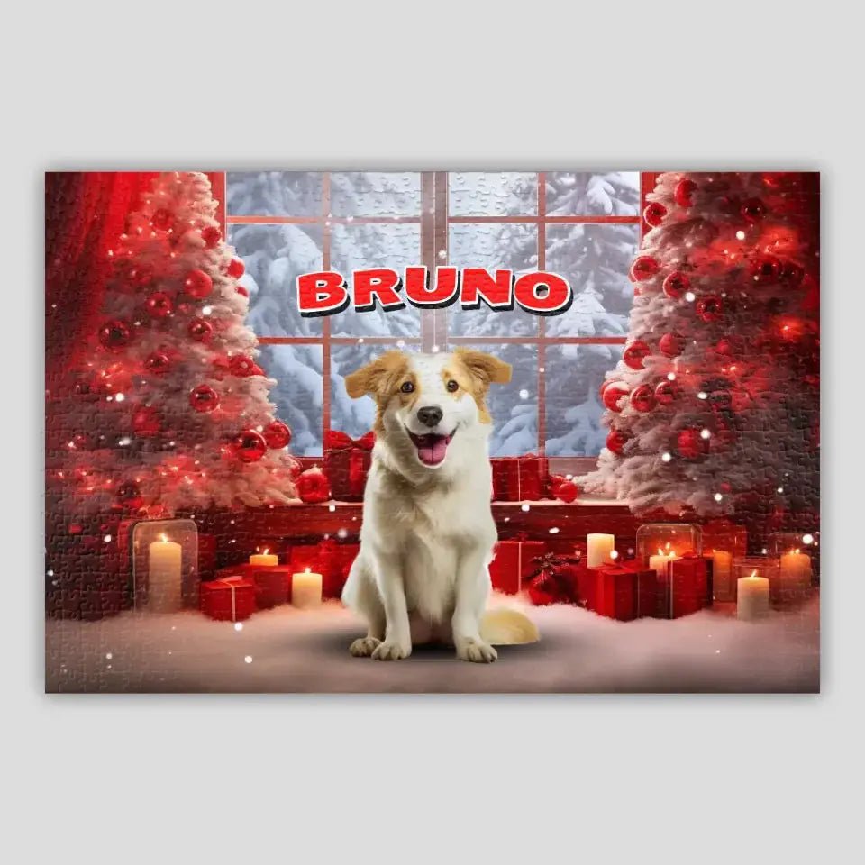Personalized Christmas Backdrop Dog Photo Puzzle - Shaggy Chic
