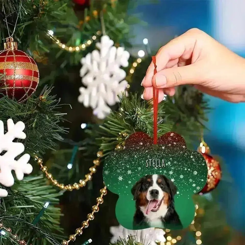 Personalized Dog Photo Christmas Theme Paw Shape Aluminum Ornaments - Shaggy Chic