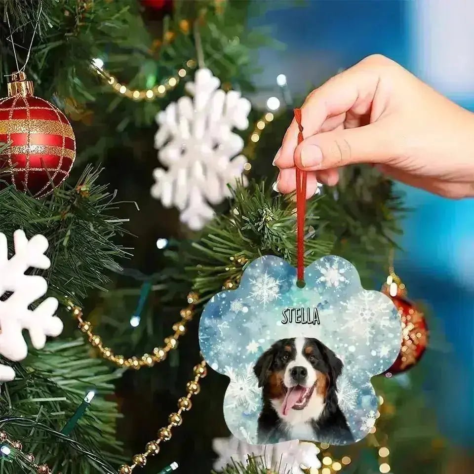 Personalized Dog Photo Christmas Theme Paw Shape Aluminum Ornaments - Shaggy Chic