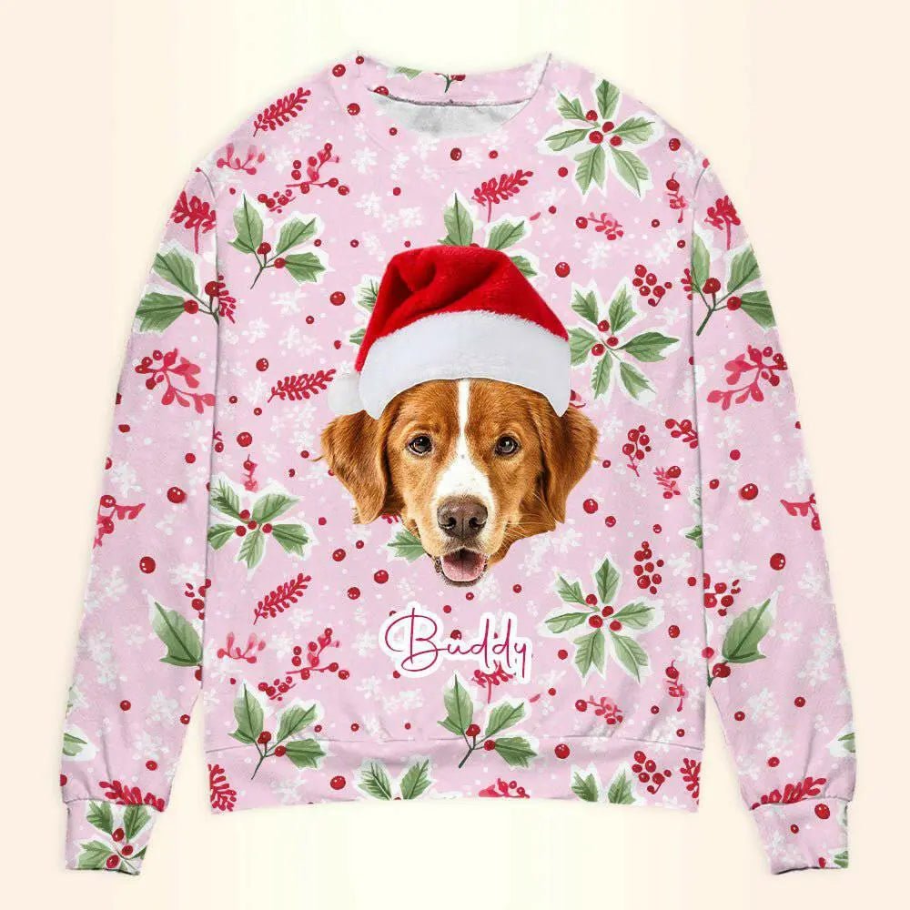 Personalized Pet Photo Christmas Sweatshirt - Pink Custom Unisex Crewneck Shirt For Pet Lovers ! - Shaggy Chic