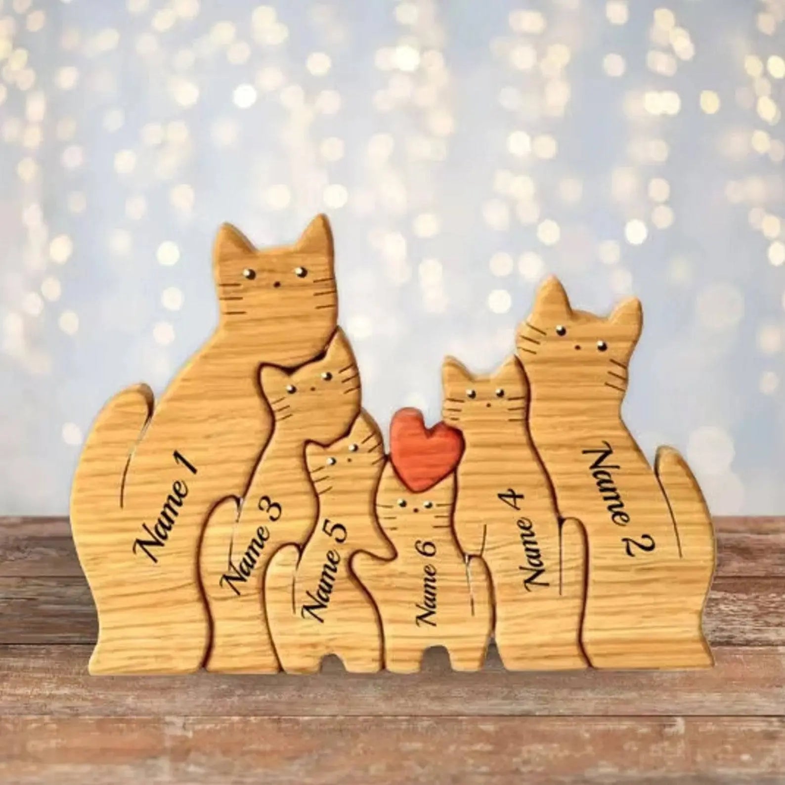 Personalized Wooden Cat Puzzle Gift For Home Decoration - Cat Family Upto 6 Members.