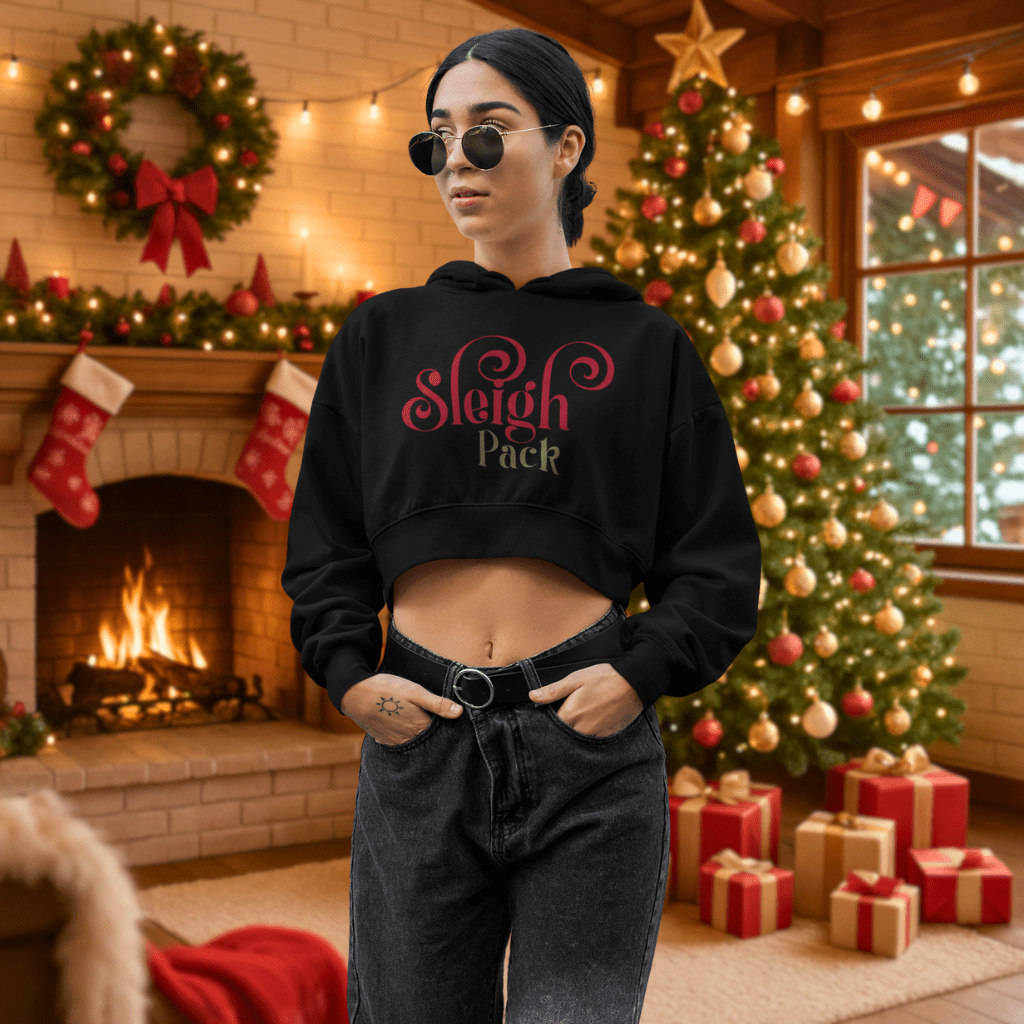 Sleigh Pack Women's Cropped Hoodie – Festive Holiday Graphic Crop Top - Shaggy Chic
