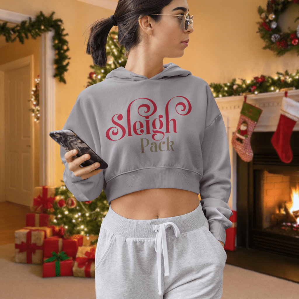 Sleigh Pack Women's Cropped Hoodie – Festive Holiday Graphic Crop Top - Shaggy Chic