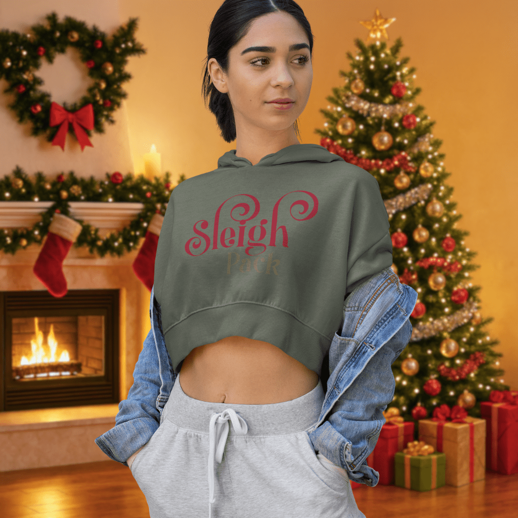 Sleigh Pack Women's Cropped Hoodie – Festive Holiday Graphic Crop Top - Shaggy Chic