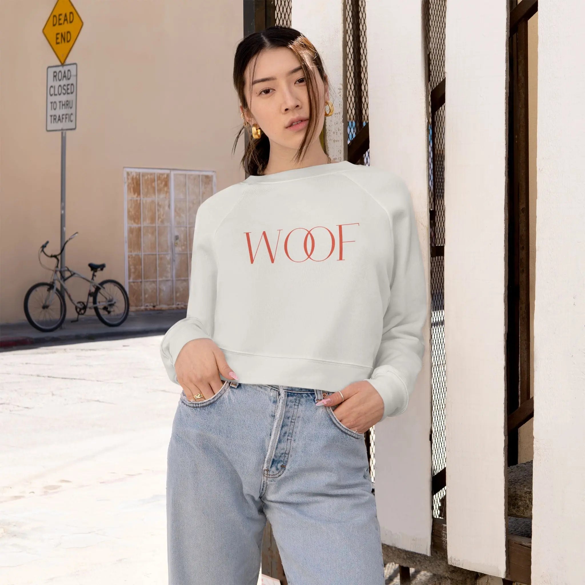 Stylish Women's Cropped Fleece Pullover - 'WOOF' Design for Pet Lovers - Shaggy Chic