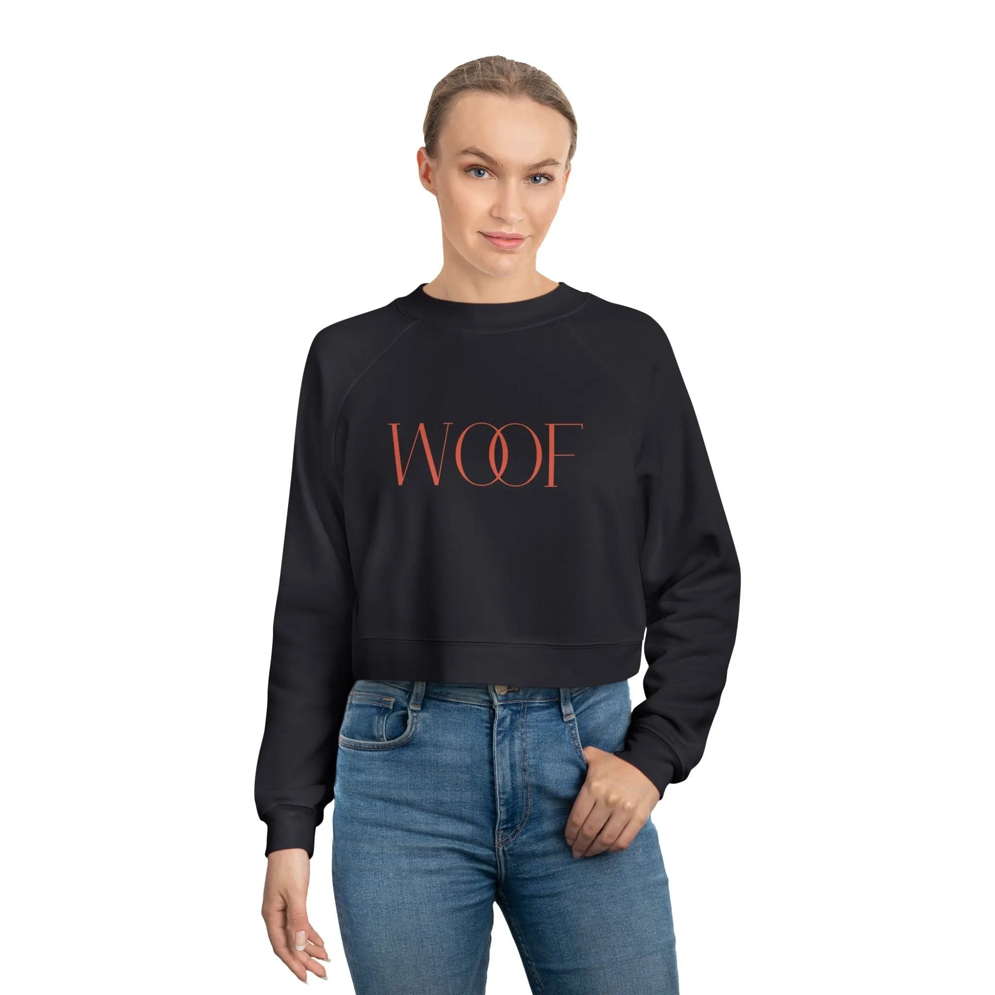 Stylish Women's Cropped Fleece Pullover - 'WOOF' Design for Pet Lovers - Shaggy Chic