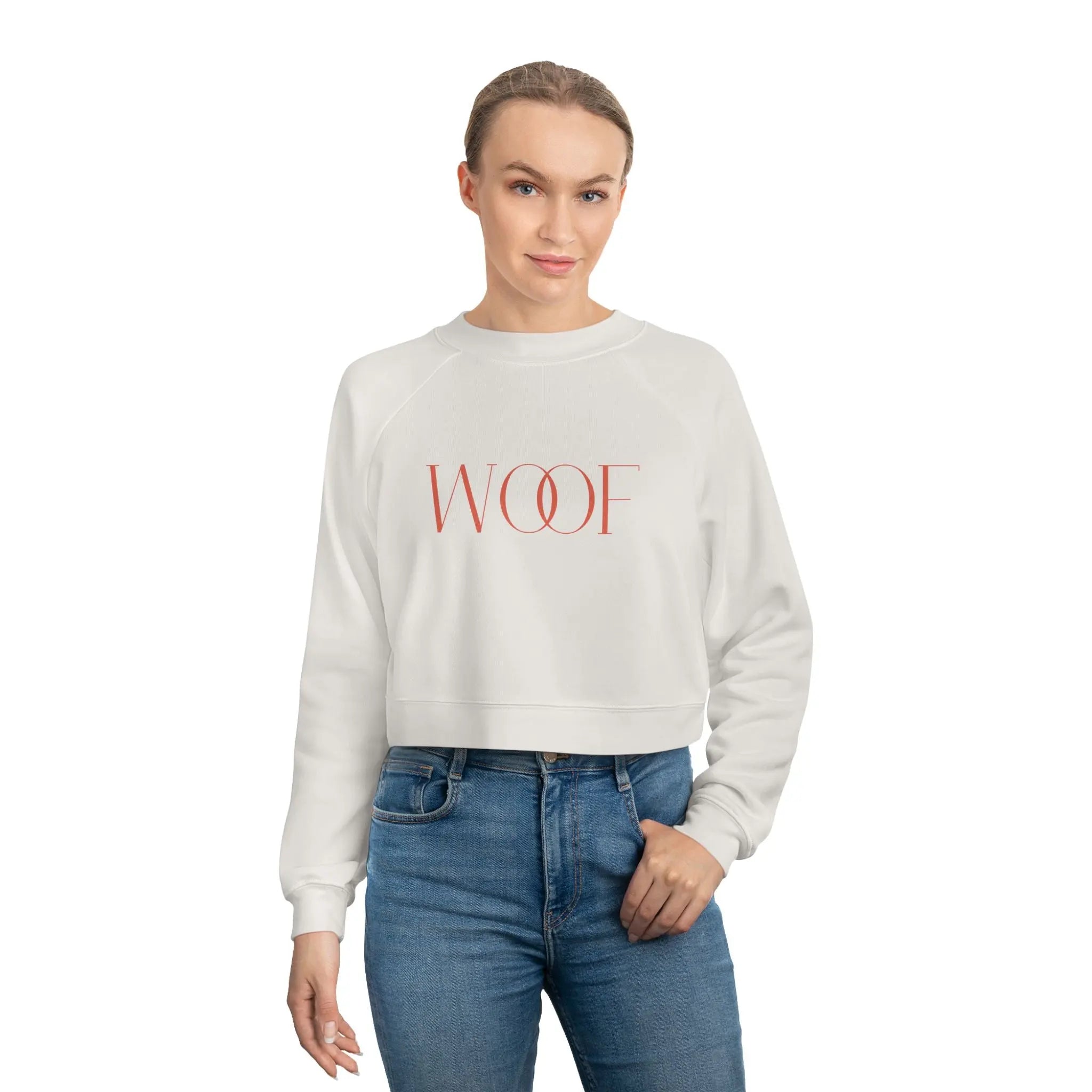 Stylish Women's Cropped Fleece Pullover - 'WOOF' Design for Pet Lovers - Shaggy Chic