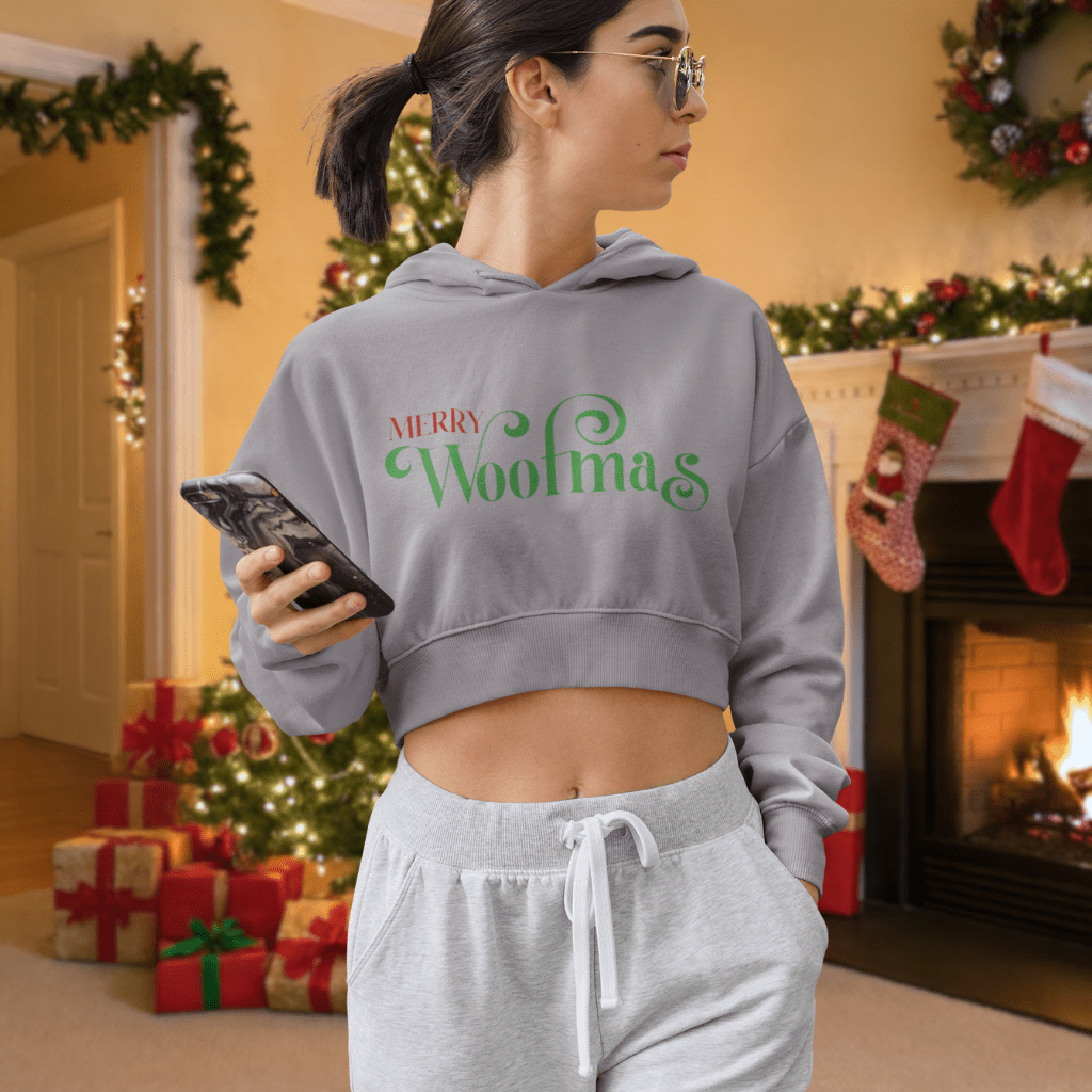 Women's Cropped Hoodie - "Merry Woofmas" Festive Holiday Crop Top - Shaggy Chic