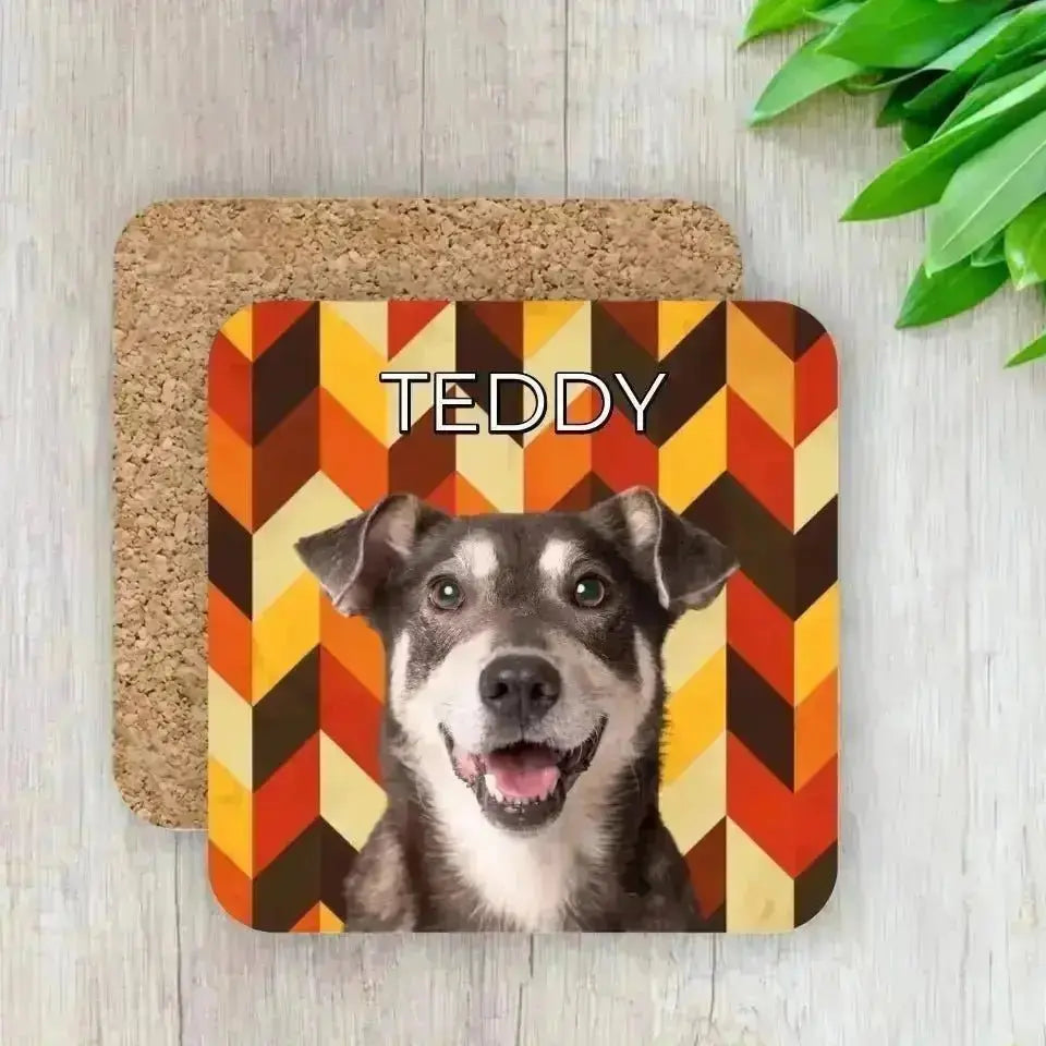 Custom Pet Photo Fall Geometric Pattern Coasters - Gifts for Pet Lovers - Shaggy Chic