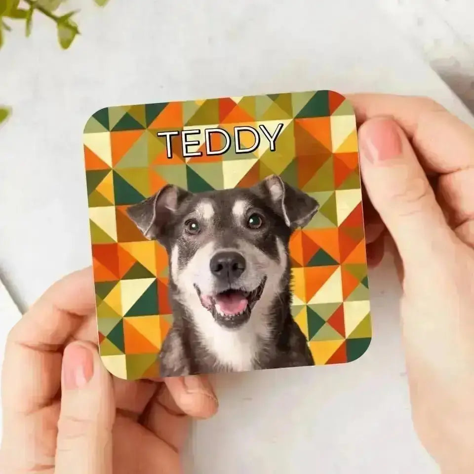 Custom Pet Photo Fall Geometric Pattern Coasters - Gifts for Pet Lovers - Shaggy Chic