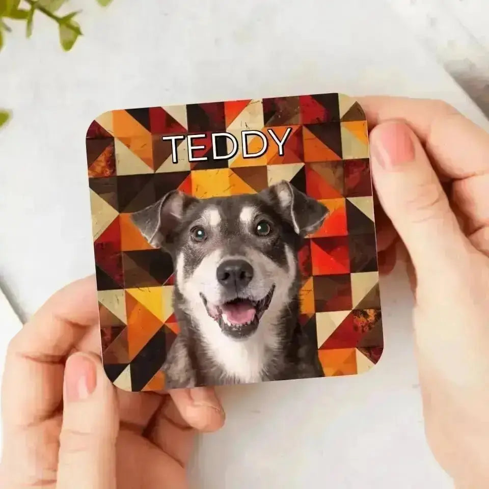 Custom Pet Photo Fall Geometric Pattern Coasters - Gifts for Pet Lovers - Shaggy Chic