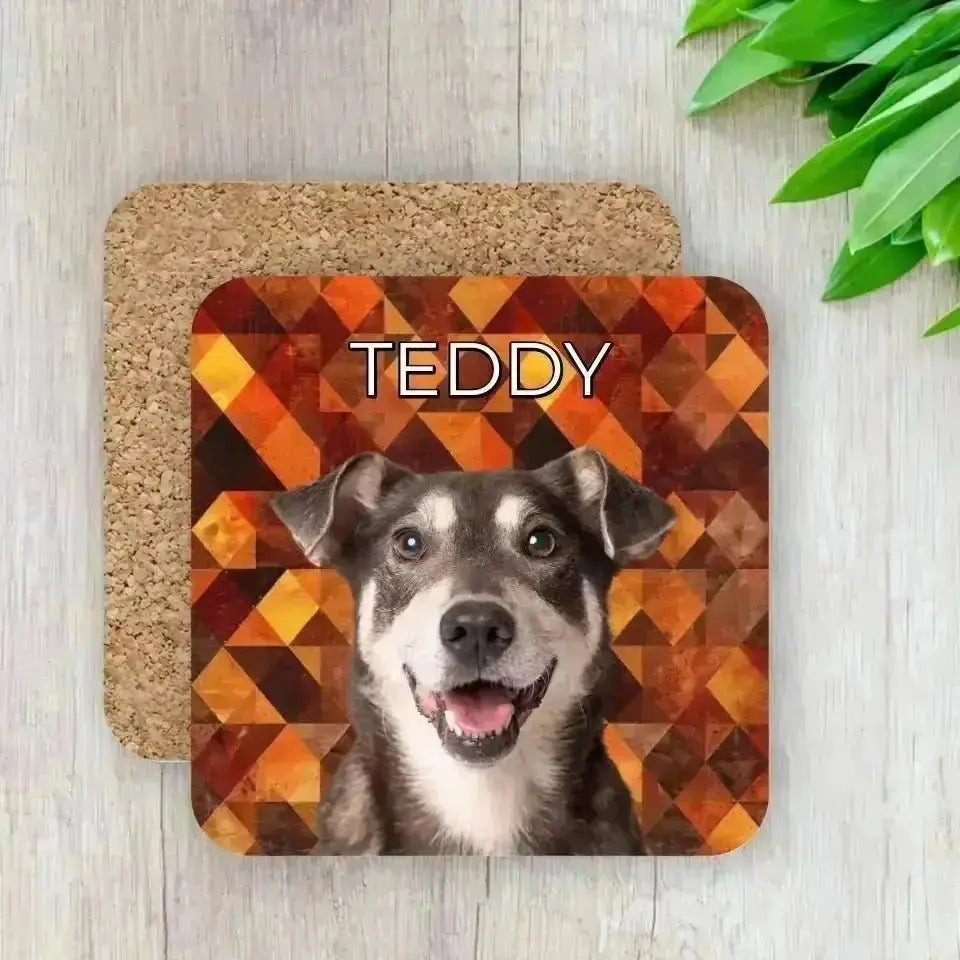 Custom Pet Photo Fall Geometric Pattern Coasters - Gifts for Pet Lovers - Shaggy Chic