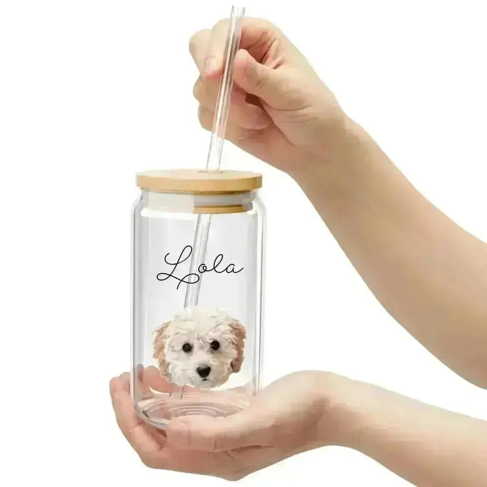 Custom Pet Photo Sipper Glass - Shaggy Chic