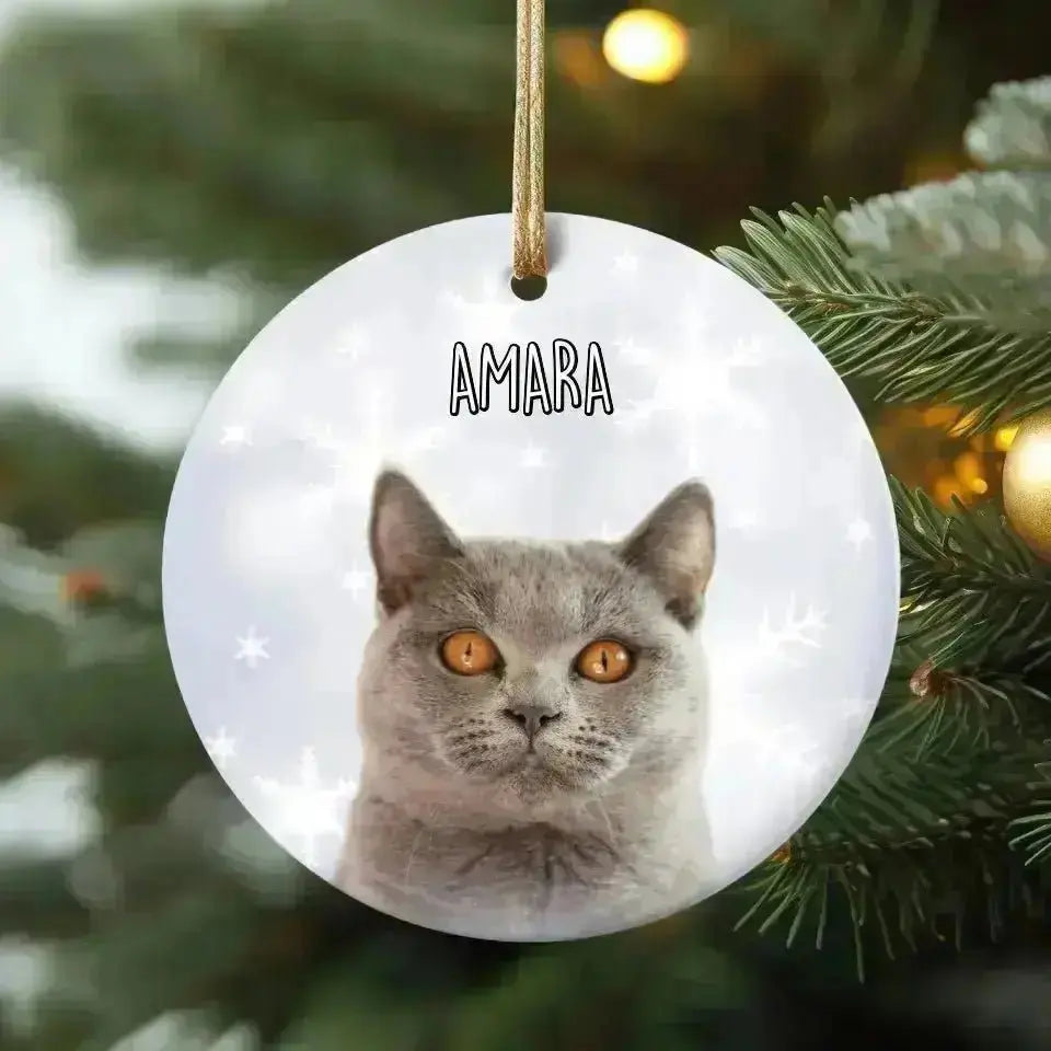 Personalized Cat Photo Christmas Theme Ceramic Ornament - Shaggy Chic