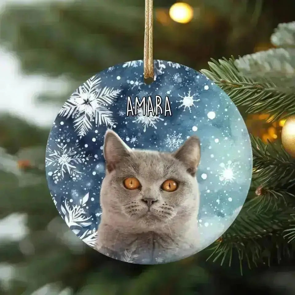 Personalized Cat Photo Christmas Theme Ceramic Ornament - Shaggy Chic