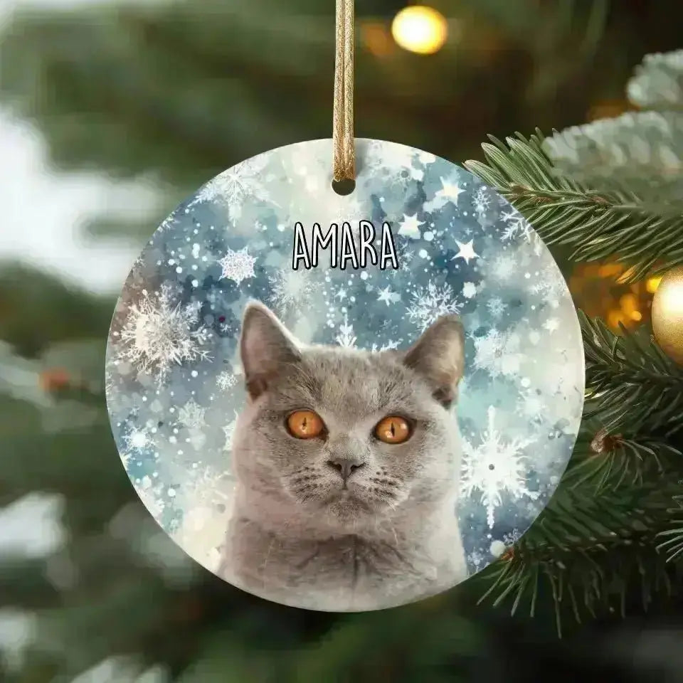 Personalized Cat Photo Christmas Theme Ceramic Ornament - Shaggy Chic