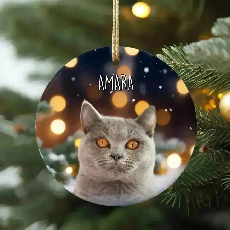 Personalized Cat Photo Christmas Theme Ceramic Ornament - Shaggy Chic