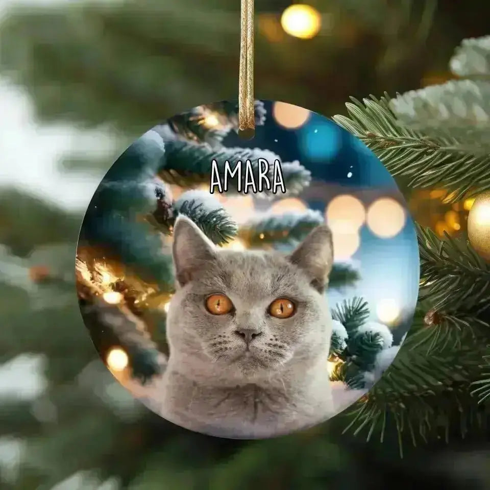 Personalized Cat Photo Christmas Theme Ceramic Ornament - Shaggy Chic