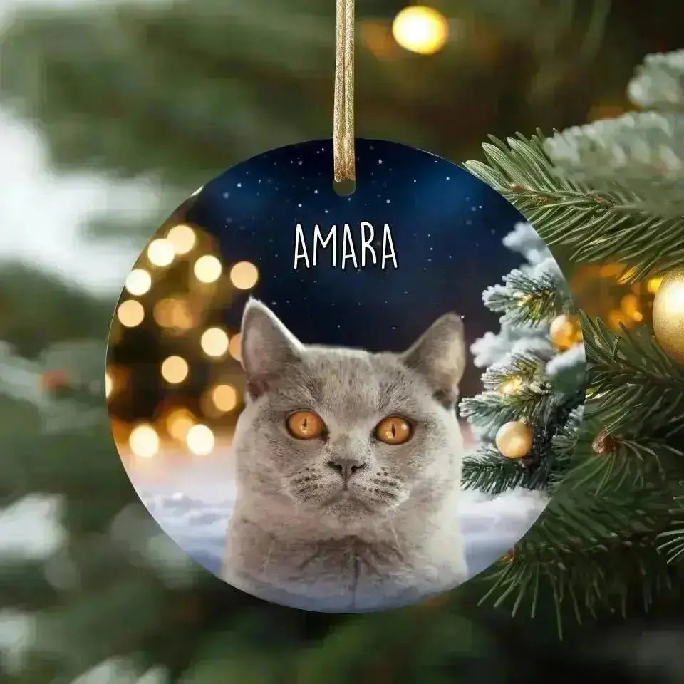 Personalized Cat Photo Christmas Theme Ceramic Ornament - Shaggy Chic