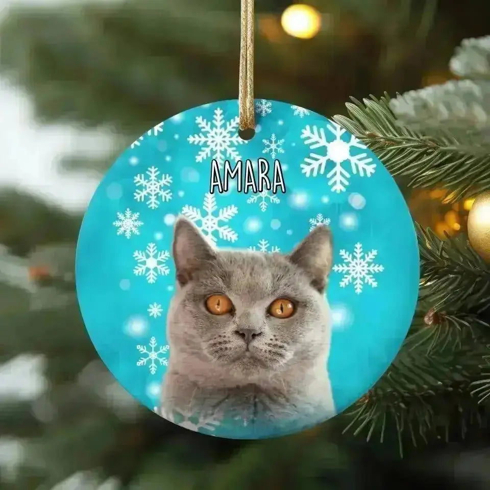 Personalized Cat Photo Christmas Theme Ceramic Ornament - Shaggy Chic