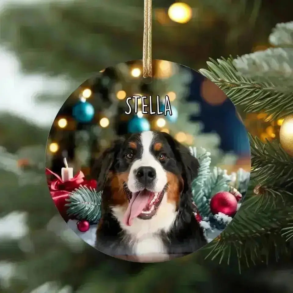 Personalized Dog Photo Christmas Theme Ceramic Ornament - Shaggy Chic