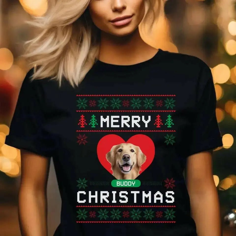 Custom Pet Photo Merry Christmas T-Shirt - Shaggy Chic
