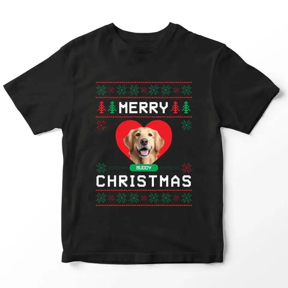 Custom Pet Photo Merry Christmas T-Shirt - Shaggy Chic