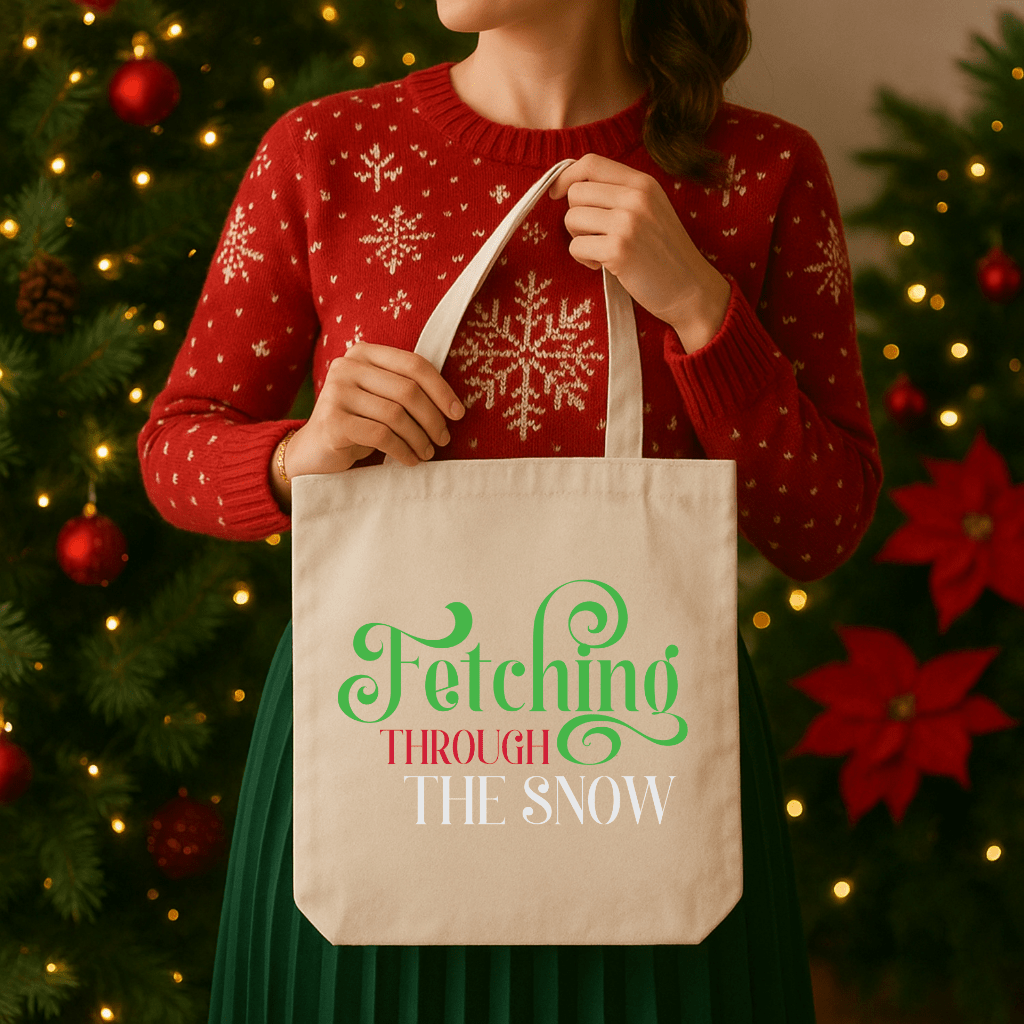 Fetching Through the Snow Cotton Tote Bag — Holiday Dog Lover Gift - Shaggy Chic