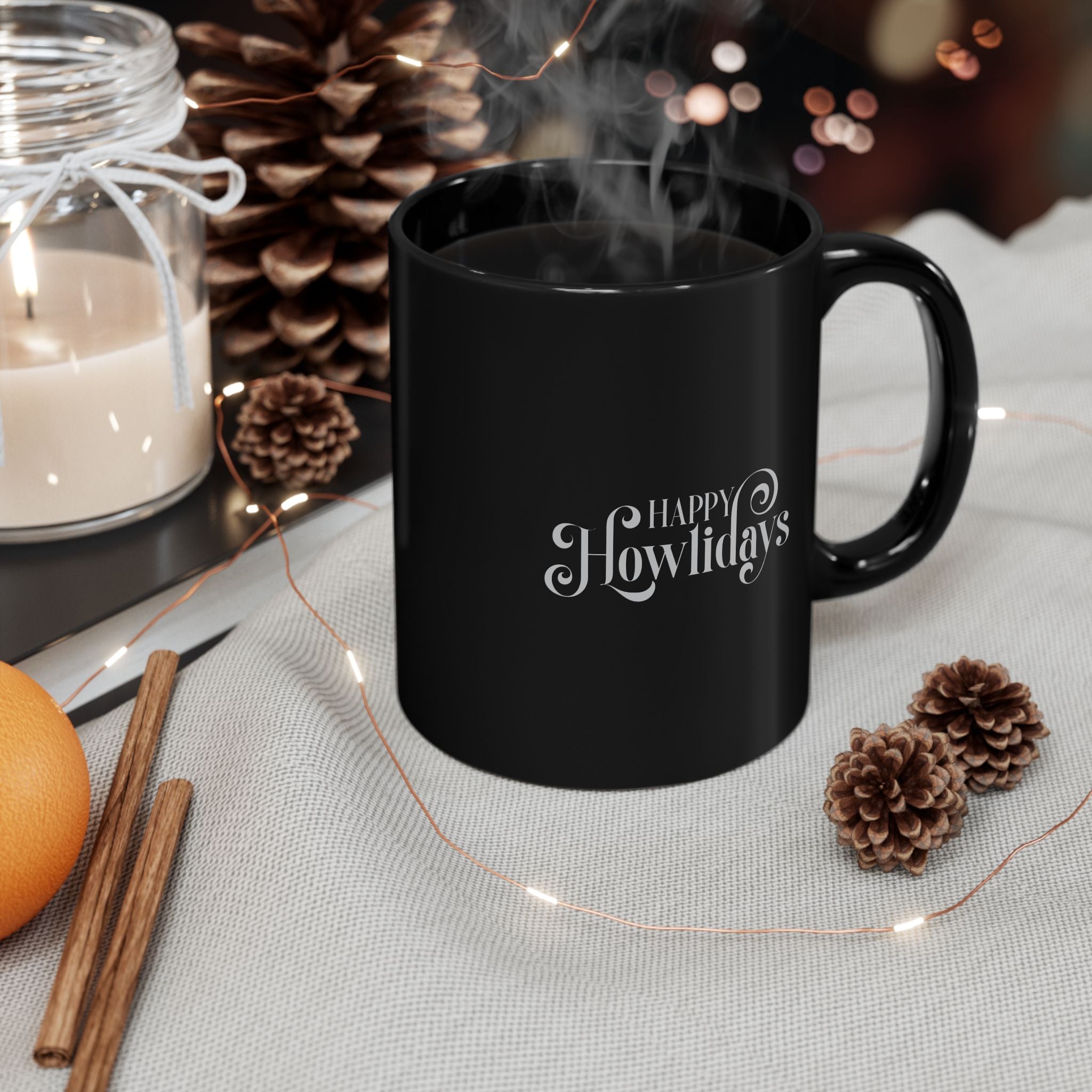 Happy Howlidays Mug — Black Holiday Coffee Cup for Dog Lovers (11oz & 15oz) - Shaggy Chic