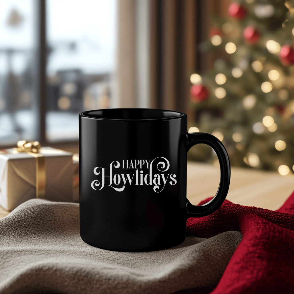 Happy Howlidays Mug — Black Holiday Coffee Cup for Dog Lovers (11oz & 15oz) - Shaggy Chic