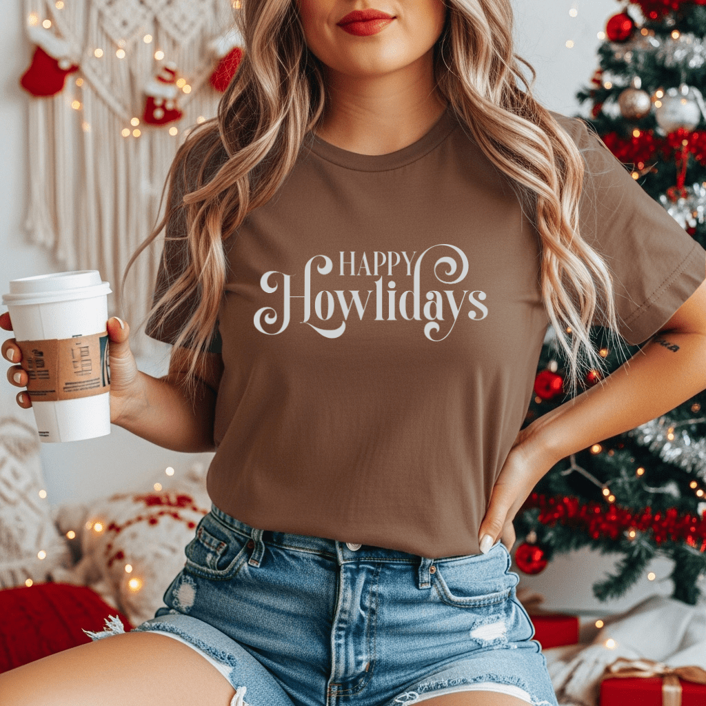 Happy Howlidays Script Tee — Minimal White Holiday T-Shirt - Shaggy Chic