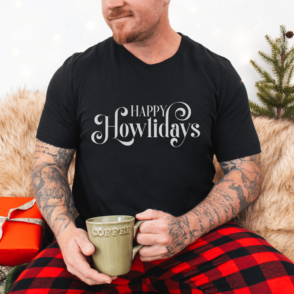 Happy Howlidays Script Tee — Minimal White Holiday T-Shirt - Shaggy Chic