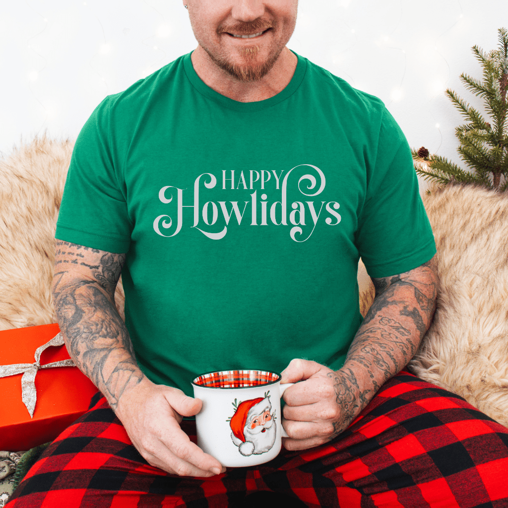 Happy Howlidays Script Tee — Minimal White Holiday T-Shirt - Shaggy Chic