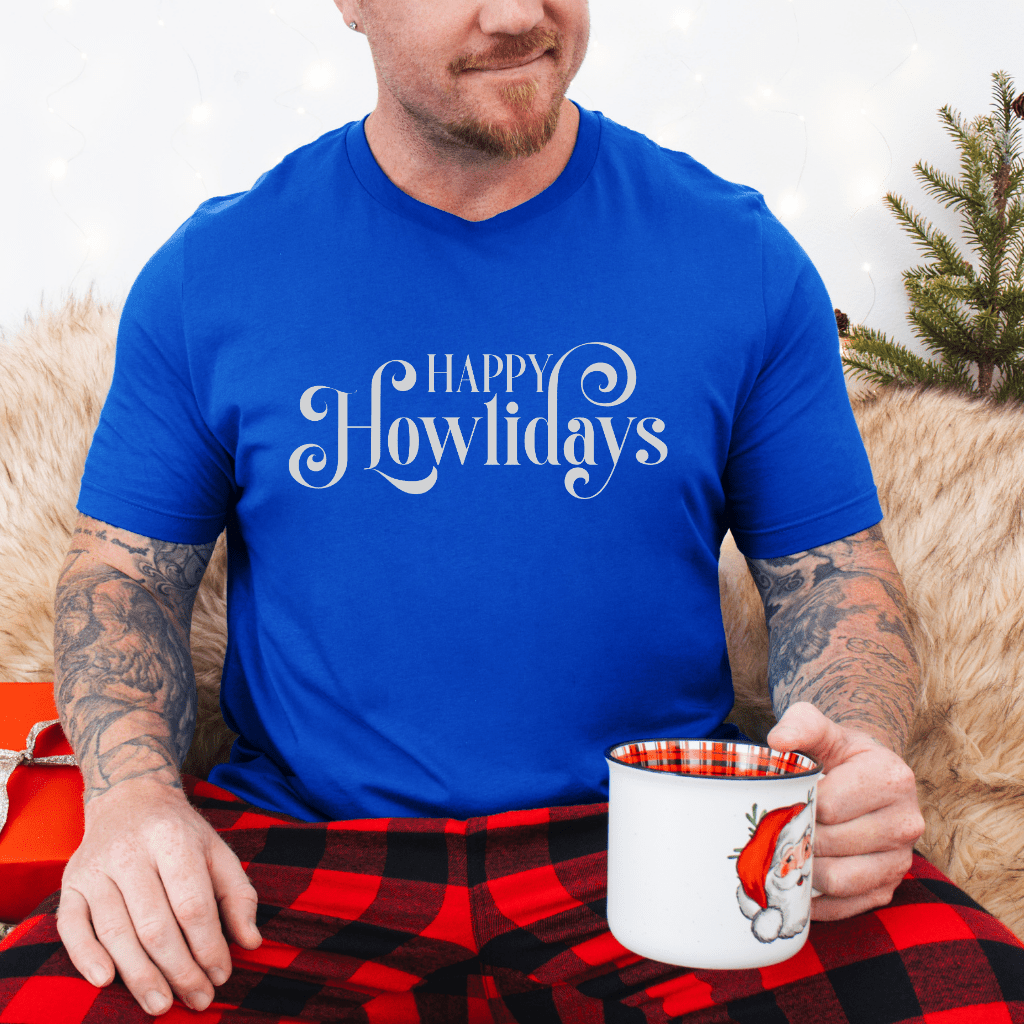 Happy Howlidays Script Tee — Minimal White Holiday T-Shirt - Shaggy Chic
