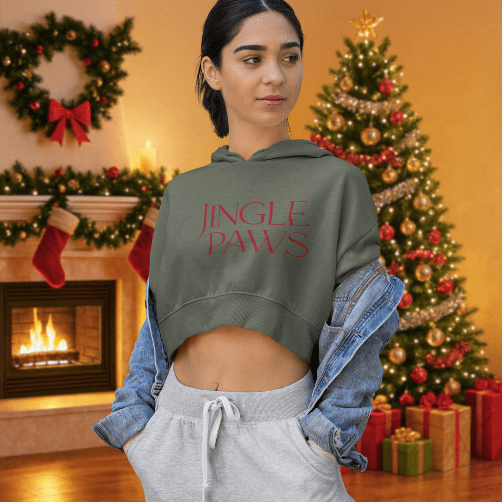 Jingle Paws Cropped Hoodie — Women's Festive Pet Lover Holiday Hoodie - Shaggy Chic