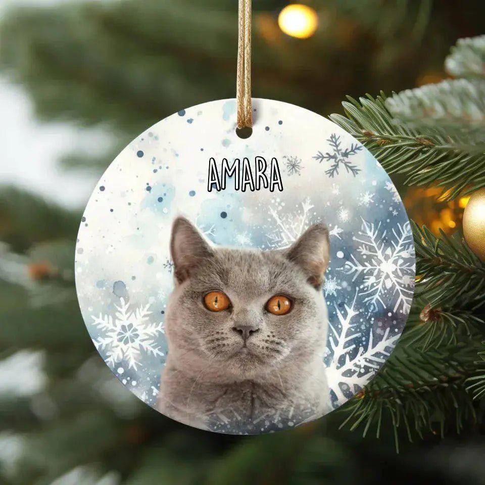 Personalized Cat Photo Christmas Theme Ceramic Ornament - Shaggy Chic